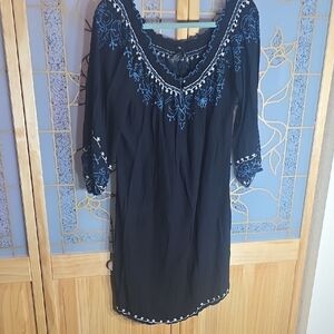 Lucky Brand Black Blouse with Blue Embroidery Box L
